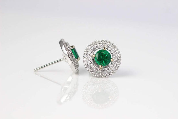 Double Halo Emerald and Diamond Earrings