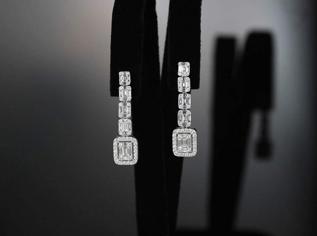 Baguette Diamond Drop Earrings | 18K White Gold