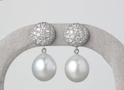 Pave Diamond and Pearl Drop Earrings | 18K White Gold