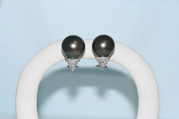 Black South Sea Pearl and Trillion Diamond Earrings | Platinum