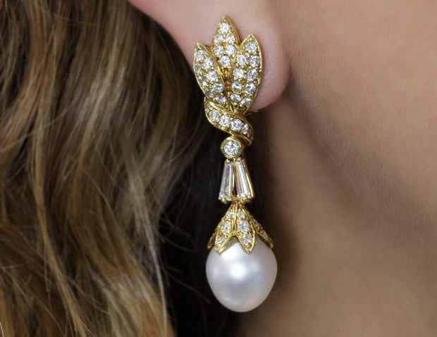 Tapered Baguette Diamond And Pearl Drop Earrings