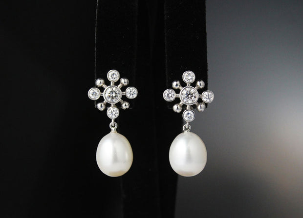 Diamond and Pearl Drop Earrings | Platinum