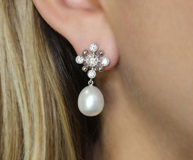 Diamond and Pearl Drop Earrings | Platinum