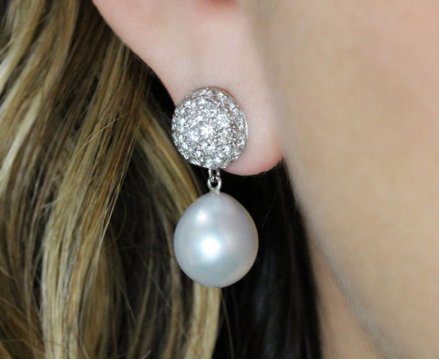 Pave Diamond and Pearl Drop Earrings | 18K White Gold