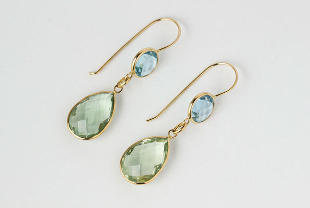 Blue Topaz & Green Amethyst Drop Earrings | 14K Yellow Gold