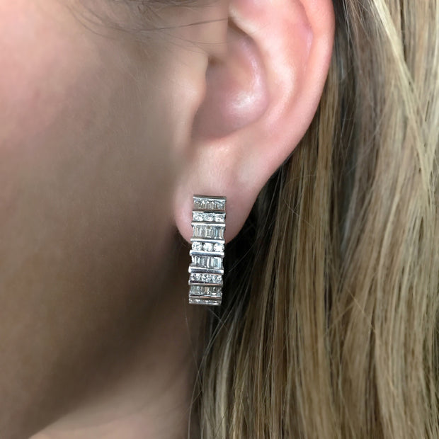 Baguette and Round Diamond Huggie Earrings in Platinum