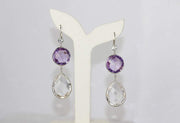 Amethyst and Crystal Quartz Drop Earrings | 14K White Gold