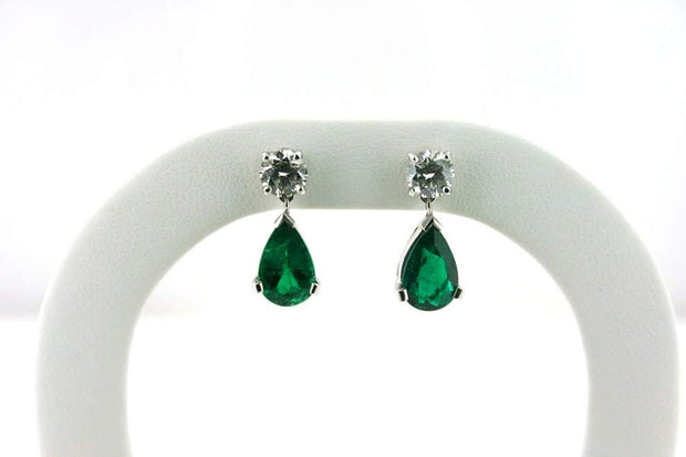 Tear Drop Emerald and Diamond Earrings | Platinum