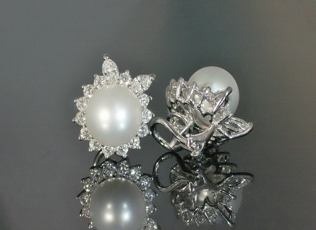 South Sea Pearl and Halo Diamond Earrings | Platinum