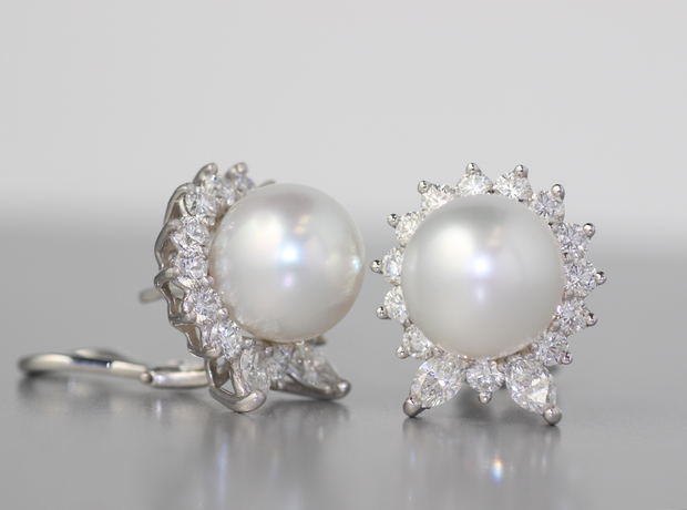 South Sea Pearl and Halo Diamond Earrings | Platinum