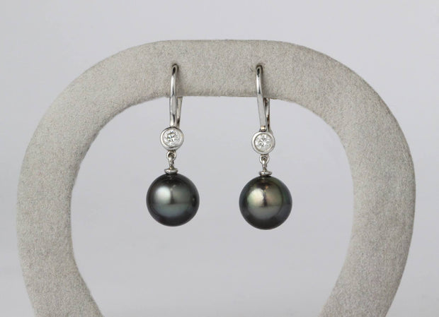 Black South Sea Pearl and Diamond Drop Earrings | 18K White Gold