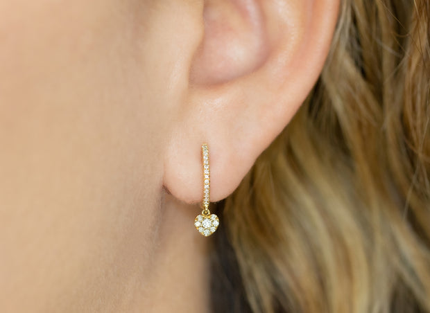 Dangling Heart Diamond Huggie Earrings | 18K Yellow Gold
