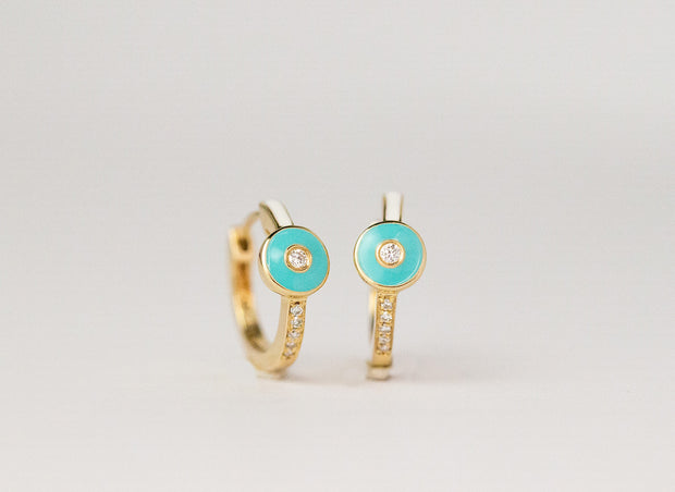 Turquoise and White Enamel with Diamonds Huggies | 14K Yellow Gold