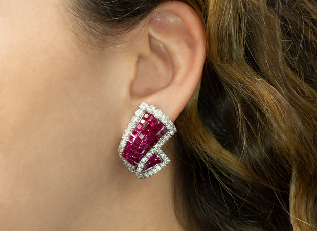 Invisible Set Diamond and Ruby Earrings | White Gold