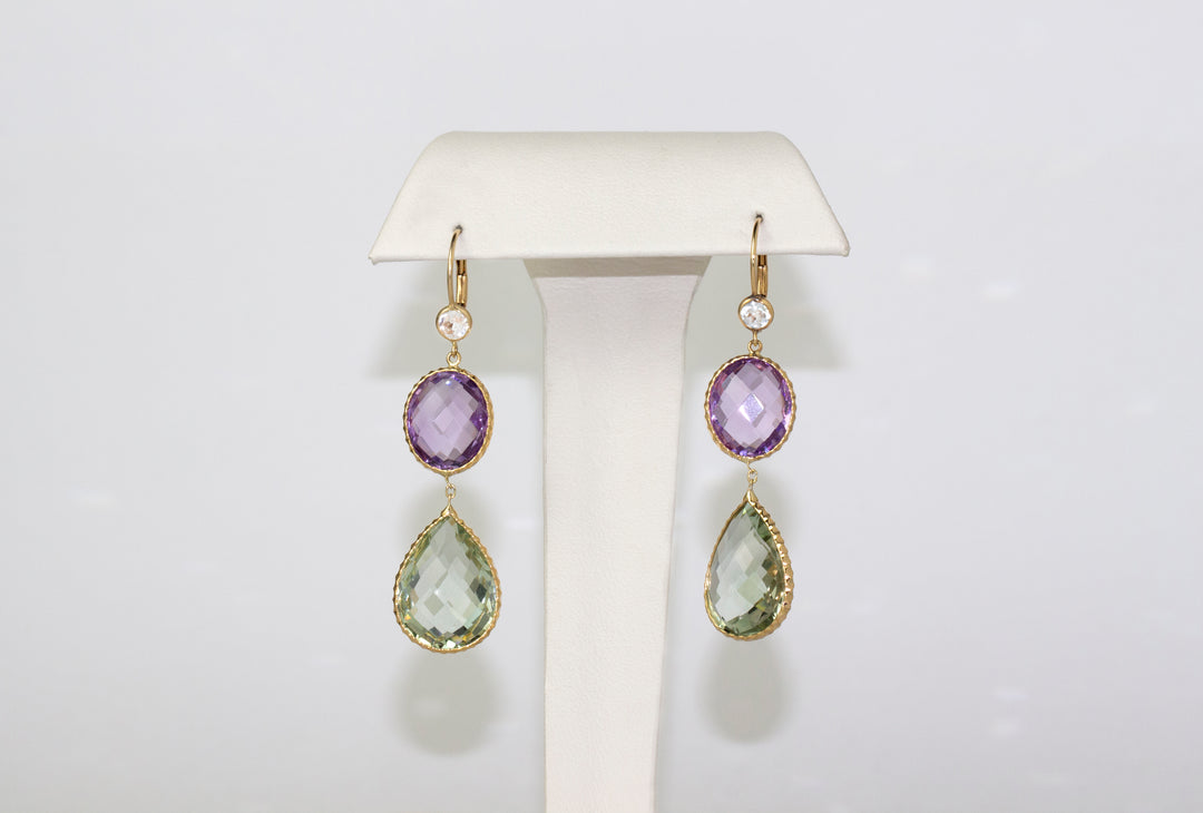 Green and Purple Amethyst Earrings 14K Yellow Gold Robert Chavira Inc