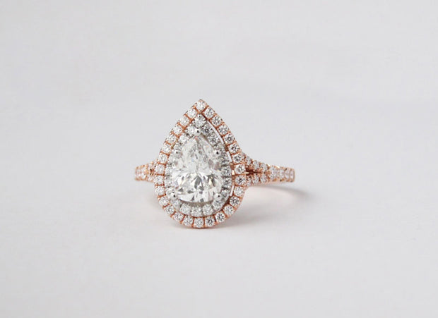 Double Halo Pear Shape Diamond Ring | Rose & White Gold Ring
