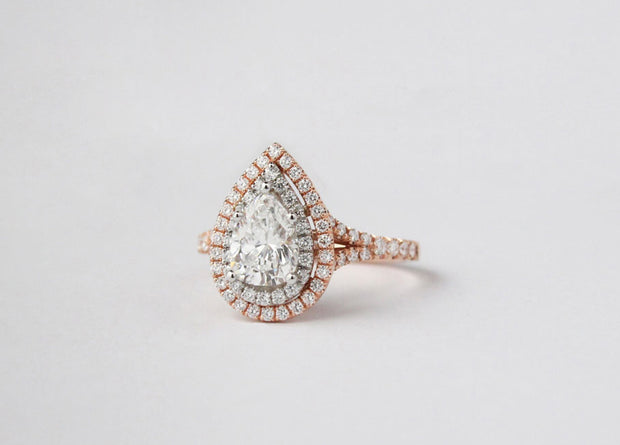 Double Halo Pear Shape Diamond Ring | Rose & White Gold Ring