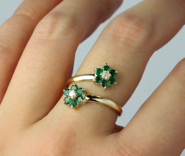 Duo Emerald and Diamond Flower Ring with Open Shank Design