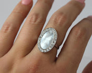 Oval Shaped Mother of Pearl and Diamond Ring |  14K White Gold