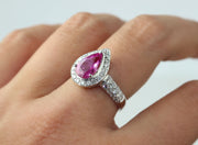 Pear Shape Pink Sapphire and Diamond Ring | 18k White Gold