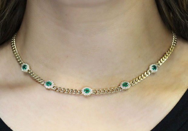 Emerald and Diamond Necklace with Yellow Gold Curb Link Chain
