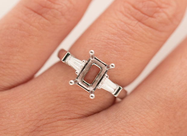 Three Stone Emerald Cut With Tapered Baguettes Ring Setting | 18K White Gold