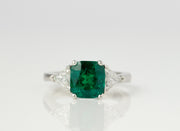 Three Stone Cushion Cut Emerald and Trillion Diamond Ring | Platinum