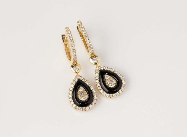 Onyx and Diamond Dangle Earrings | 18K Yellow Gold