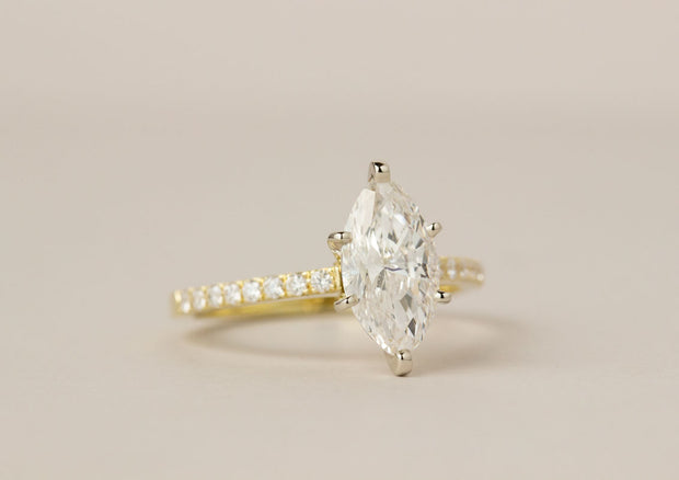 Marquis Diamond Engagement Ring | Yellow Gold Single Row Shared Prong Diamond Shank