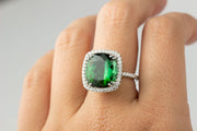 Green Tourmaline and Diamond Ring | 18K White Gold Halo Diamonds