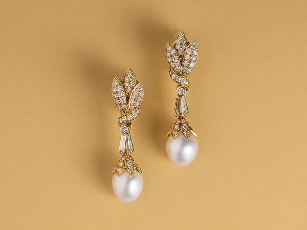 Tapered Baguette Diamond And Pearl Drop Earrings