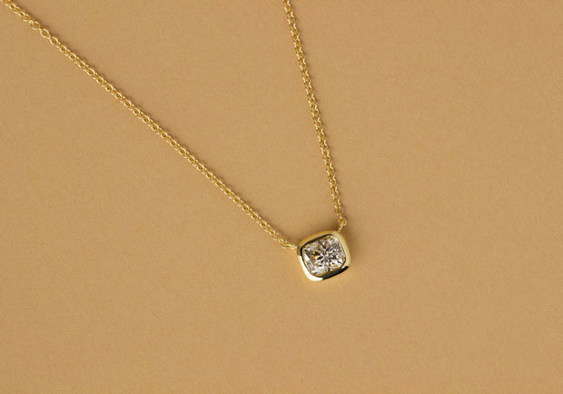 Custom Diamond Bezel Solitaire Necklace | Cushion Cut in Yellow Gold