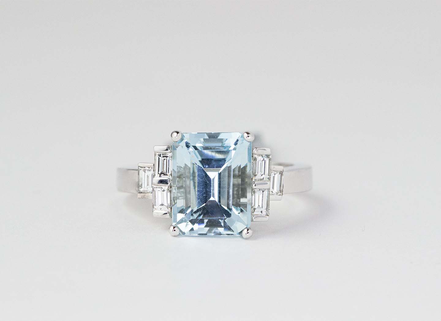 Emerald Cut Aquamarine and Open Two Row Diamond Ring