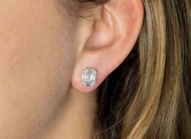 Large Baguette and Round Cluster Diamond Stud Earrings | 18K White Gold