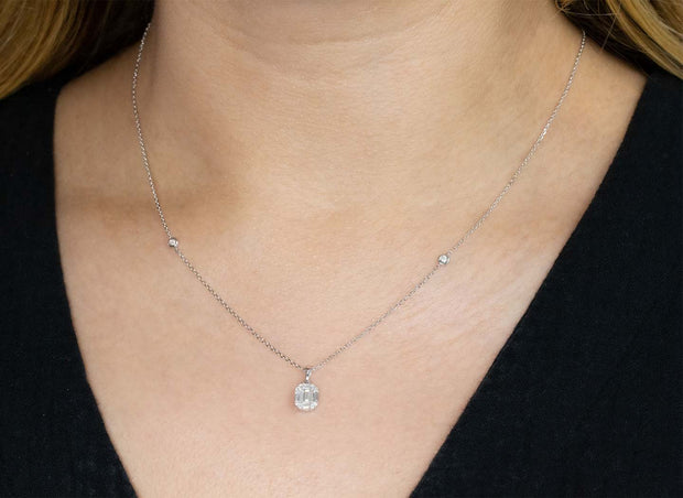 Baguette and Round Diamond On Chain Pendant Necklace | 18K White Gold
