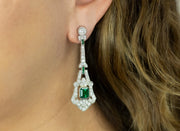 Art Deco Inspired Emerald and Diamond Drop Earrings | Platinum