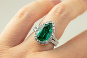 Pear Shaped Emerald and Diamond Halo Ring | 18K White Gold