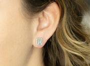 Halo Diamond Rectangle Baguette Earrings | 18K White Gold