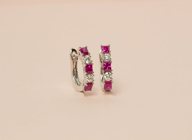 Ruby and Diamond Huggie Earrings | 18K White Gold