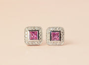 Pink Sapphire Princess Cut and Diamond Earrings | 18K White Gold