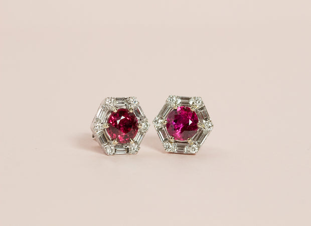 Ruby and Diamond Hexagon Stud Earrings | 18K White Gold