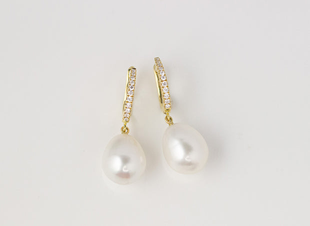 Pearl Drop and Diamond Huggie Earrings | 18K Yellow Gold