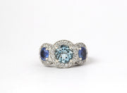 Three Stone Aquamarine and Sapphire Diamond Ring | Platinum