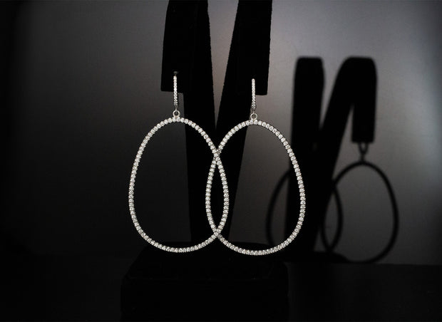 Oval Diamond Hoop Drop Earrings | 18K White Gold