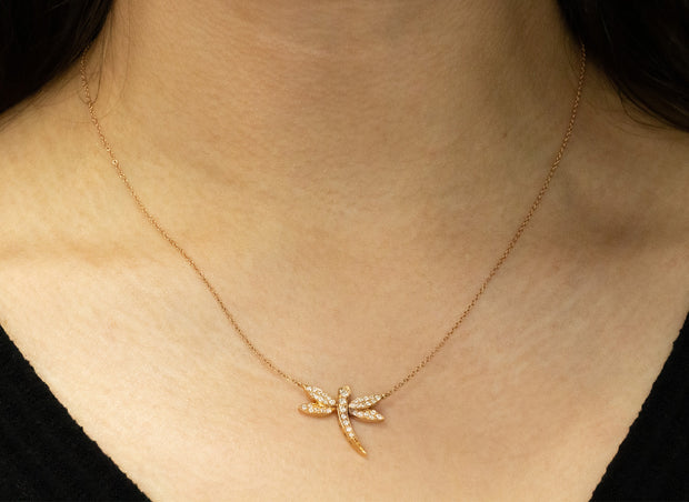 Diamond Dragonfly Pendant Necklace | 18K White Gold Rose Gold