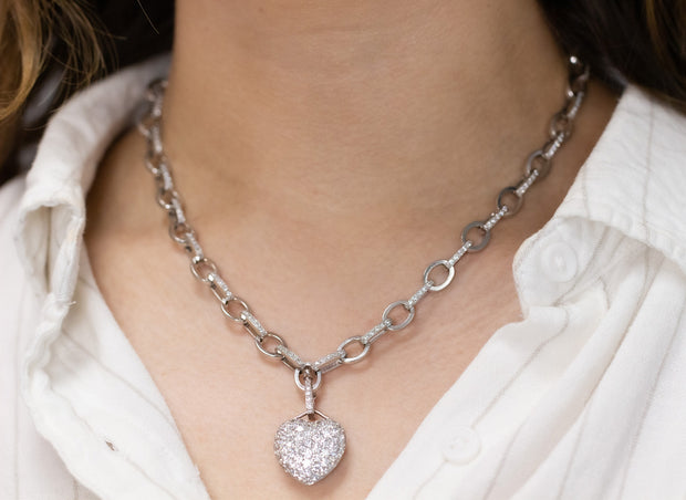 Pave Diamond Heart with Enhancer on Link Chain Necklace | 18K White Gold