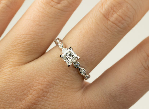 Princess Cut Center With Marquis and Round Diamond Engagement Ring | 14K White Gold