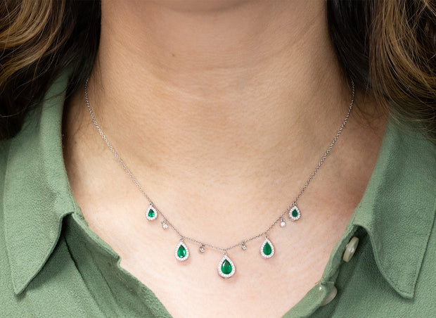 Pear Shaped Emerald and Diamond Necklace | 18K White Gold