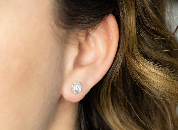 Small Baguette and Round Cluster Diamond Stud Earrings | 18K White Gold