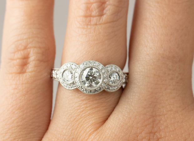 Three Stone Diamond Halo Engagement Ring | Platinum